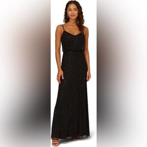 Adrianna Papell Black Beaded Art Deco Evening Gown Size 0 Formal Dress